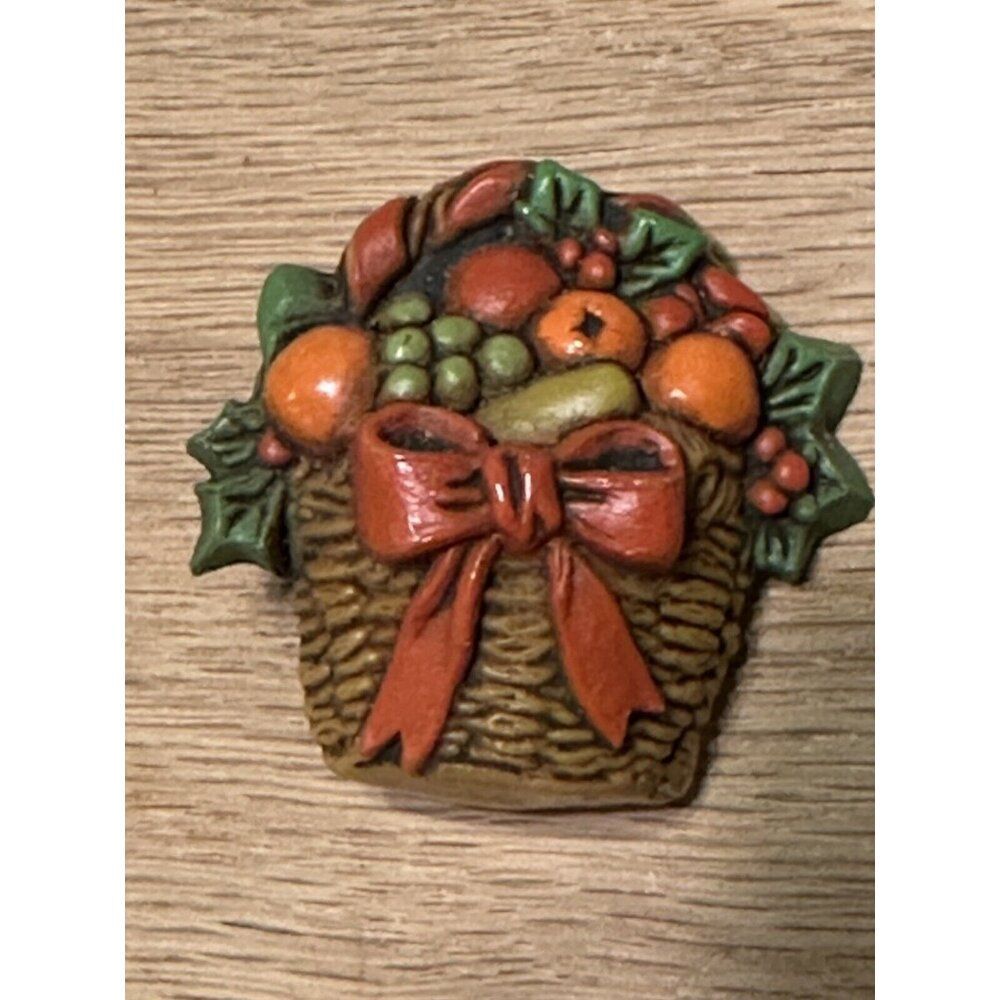 VTG Hallmark Holiday Fall Fruit Basket Red Bow Plastic Thanksgiving Pin Brooch